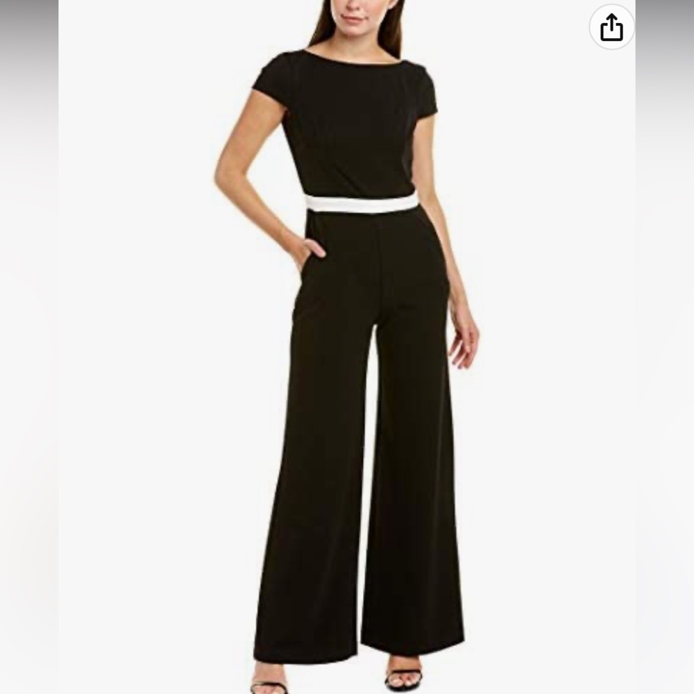 Donna Morgan Woman’s short sleeve contrast jumpsuit wide leg black white size 6